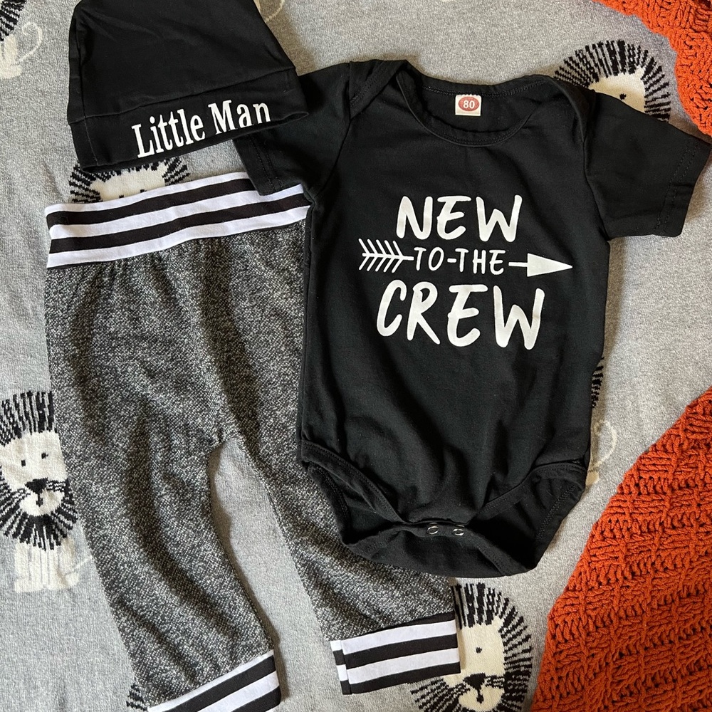 NWOT Black and Gray Set - new to the crew onesie - little man hat 3-6M